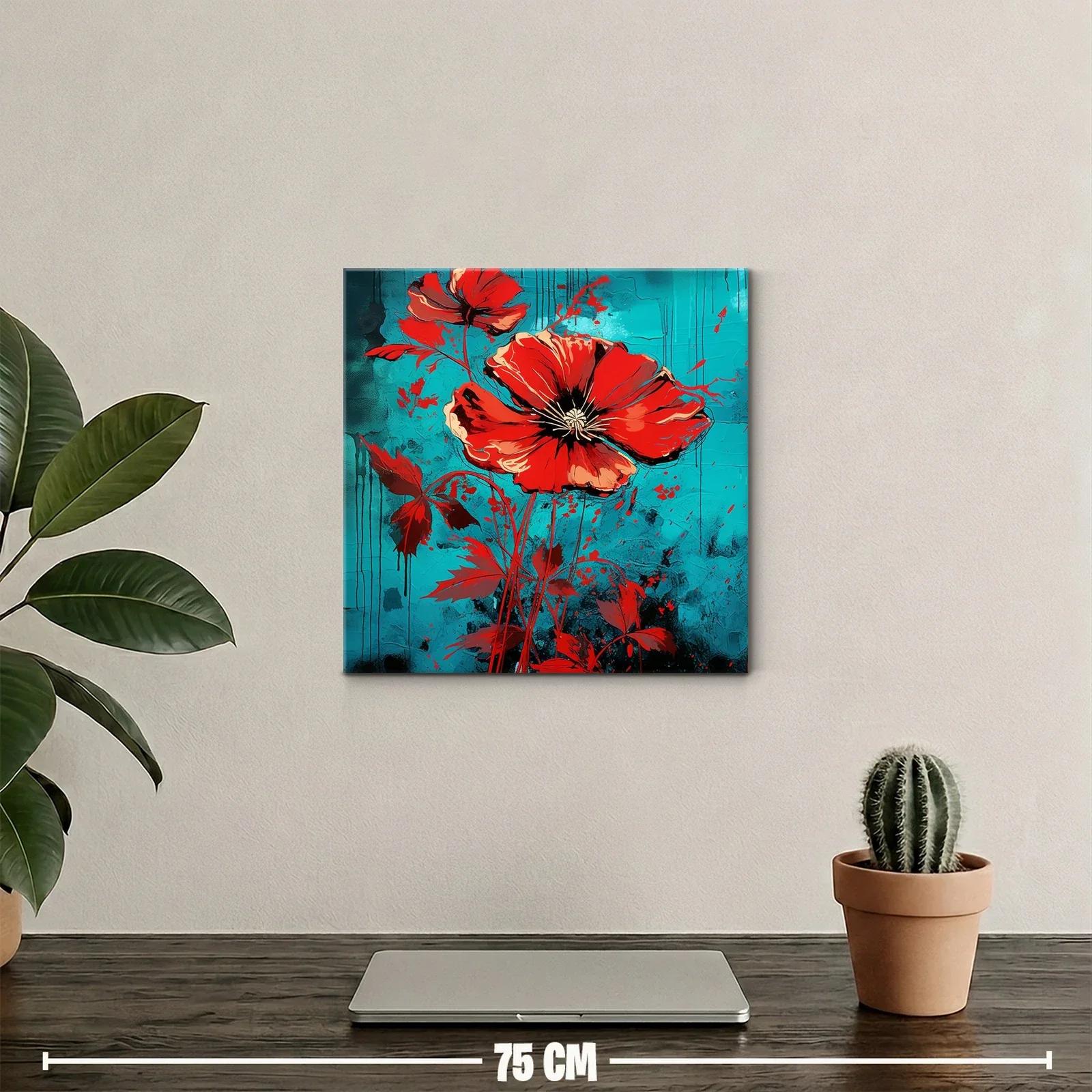 Llamativo cuadro floral con amapolas rojas y fondo azul — miniatura 2