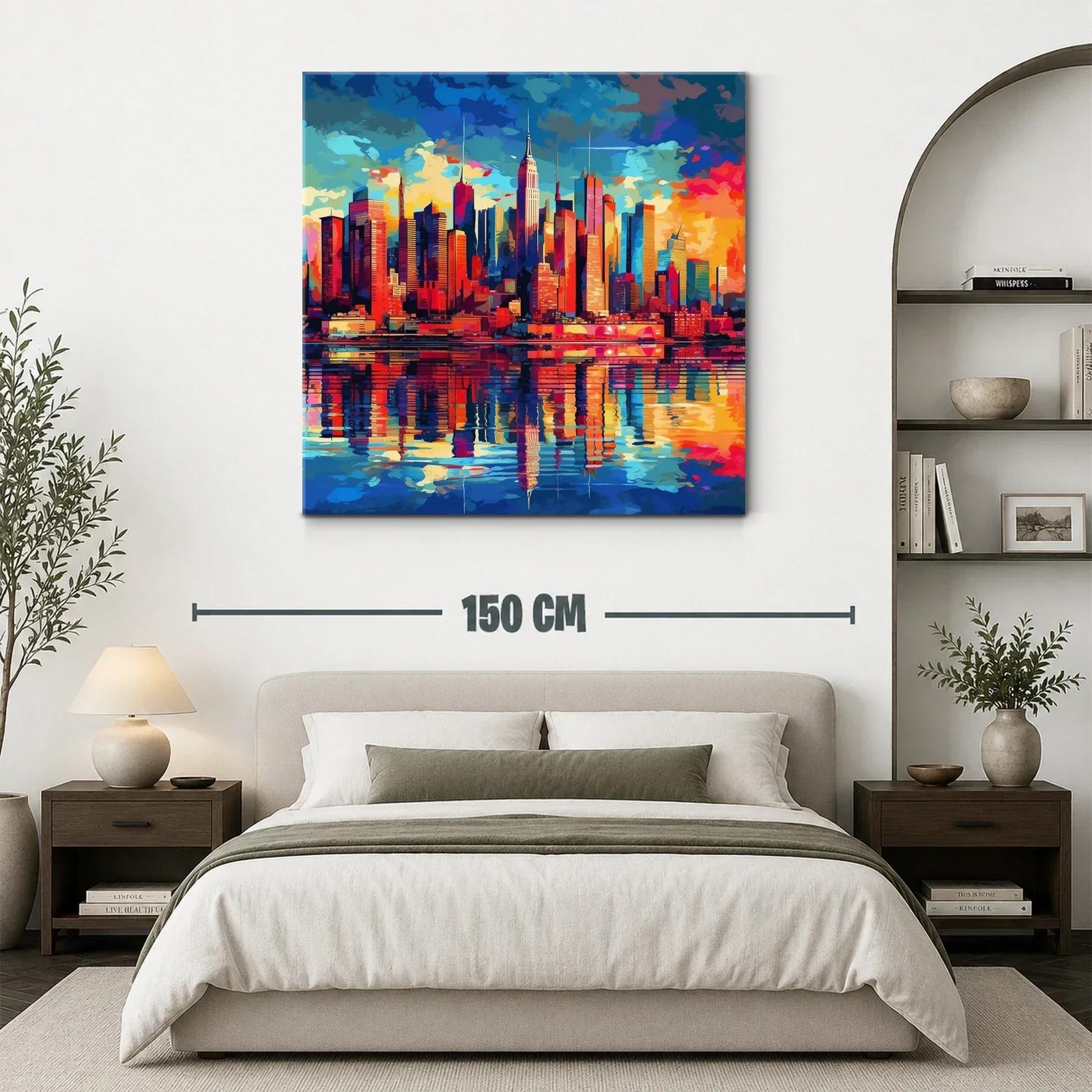 Ciudad vibrante con reflejos al atardecer en tonos intensos — miniatura 3