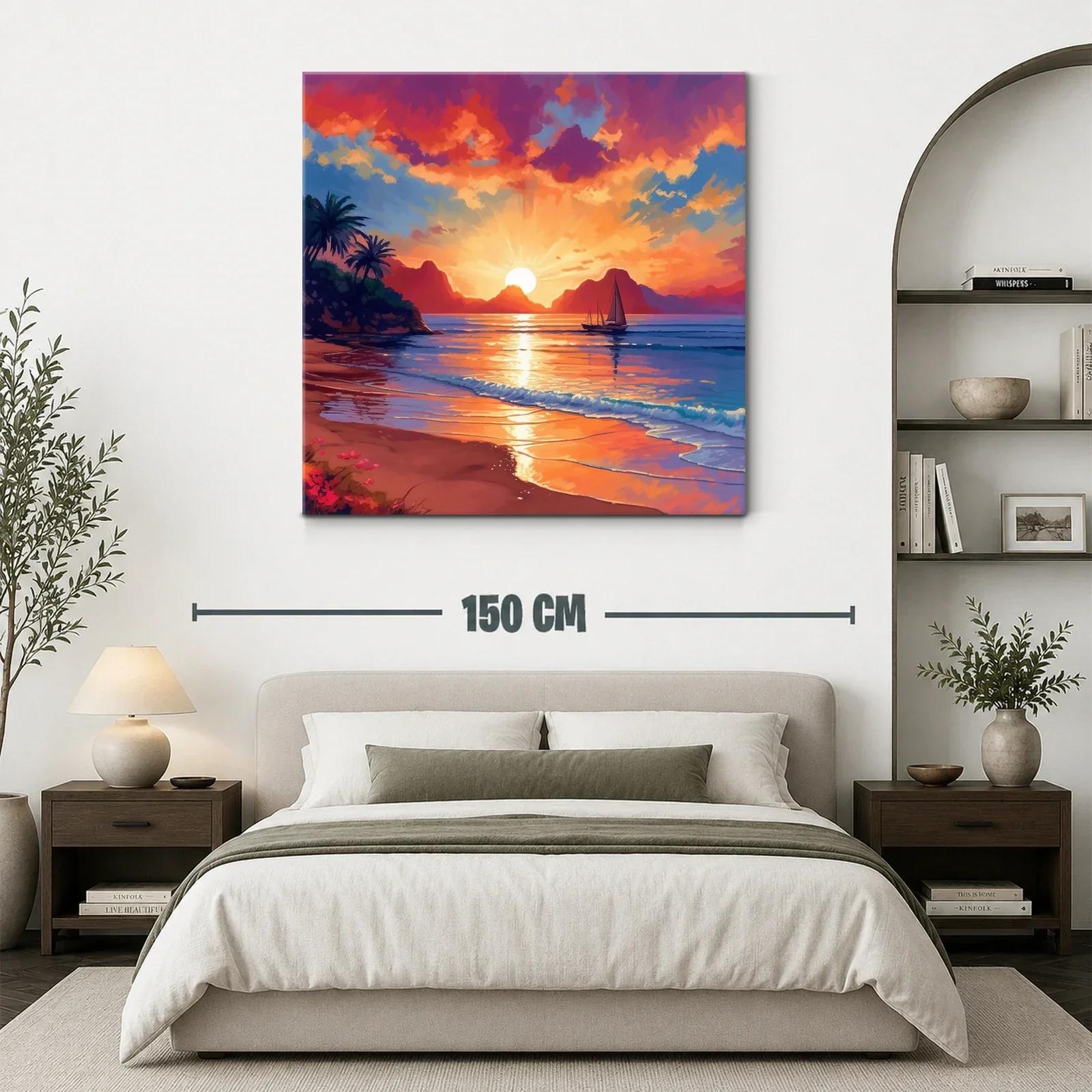 Atardecer vibrante con velero en la playa tranquila — miniatura 3