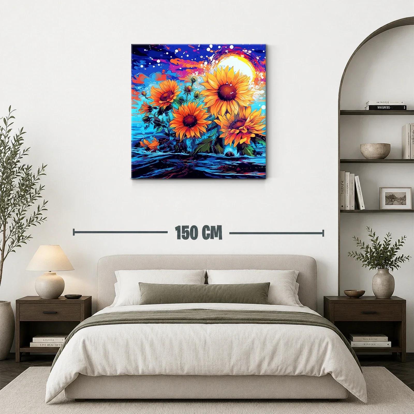 Cuadro vibrante de girasoles con fondo azul y naranja — miniatura 3