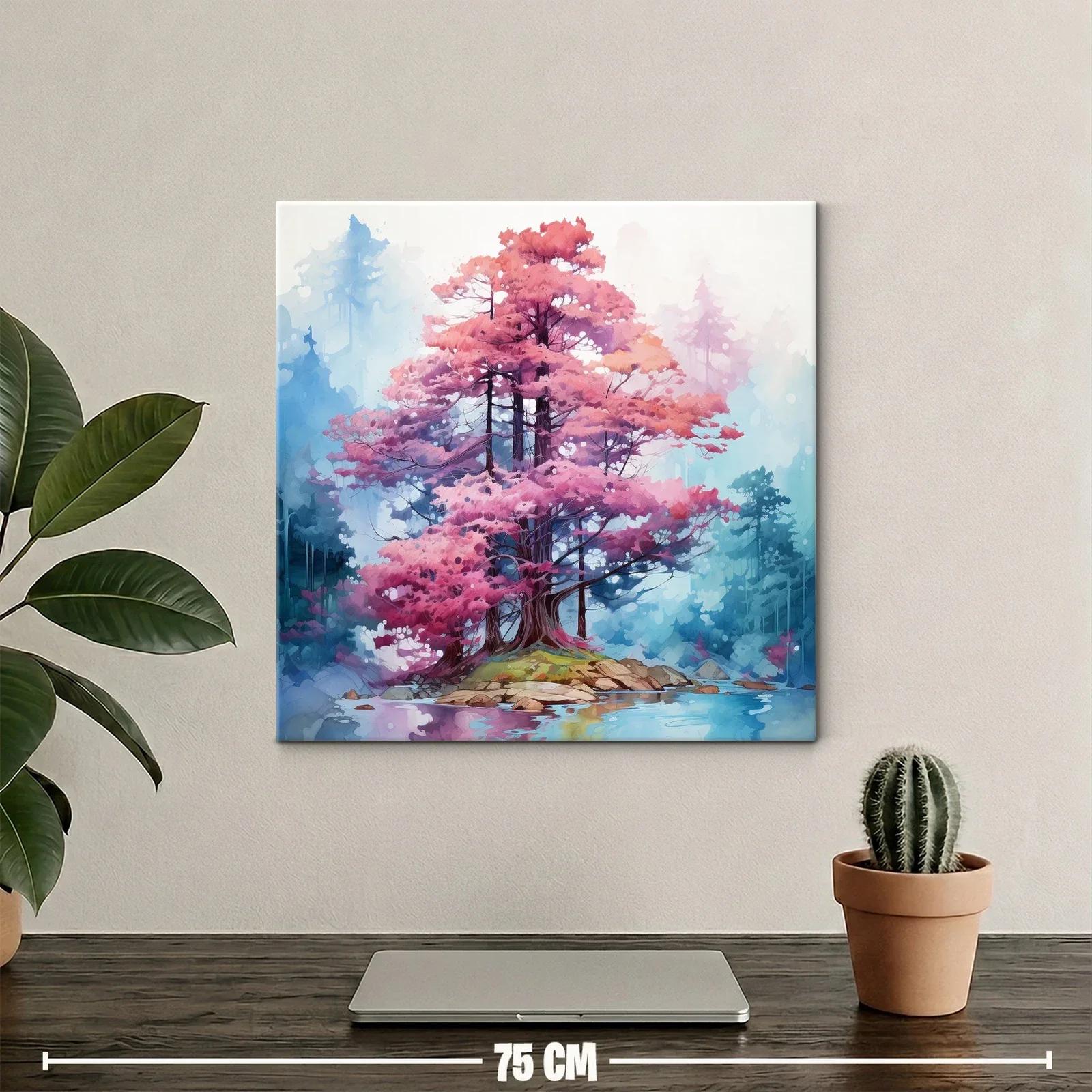 Arboles en tonos rosa sobre isla reflejada en lago tranquilo — miniatura 2
