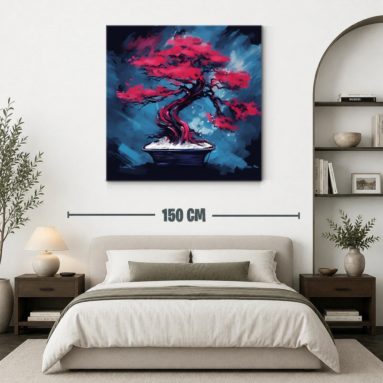 Árbol bonsái rojo intenso sobre fondo azul vibrante — miniatura 3