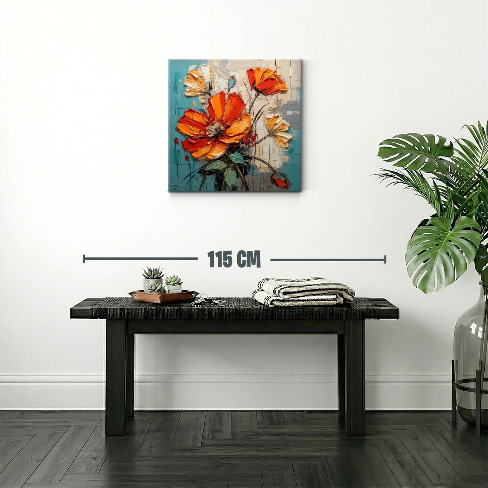 Cuadro floral con vibrantes tonos naranja y turquesa — miniatura 2