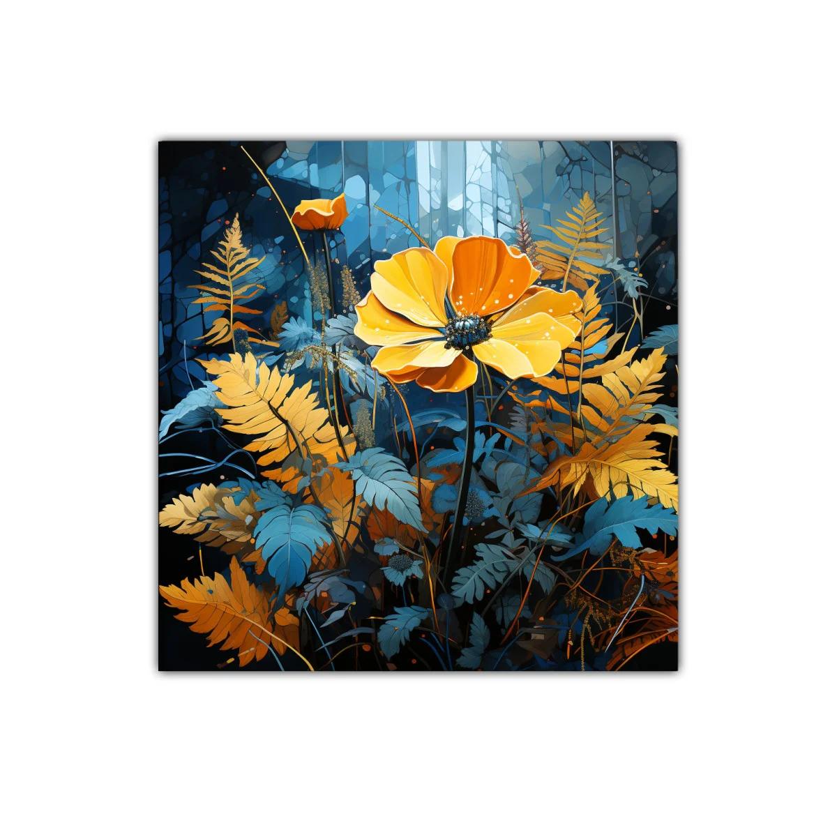 Flores vibrantes en tonos azul y amarillo dorado