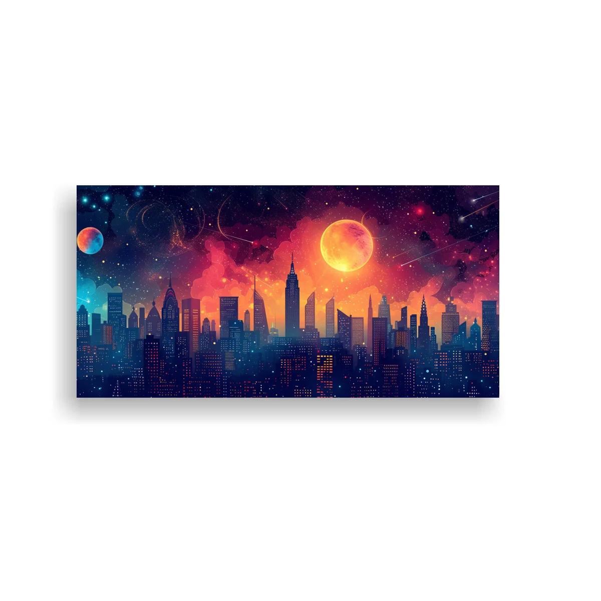 Cuadro skyline urbano nocturno con luna naranja y estrellas — imagen principal
