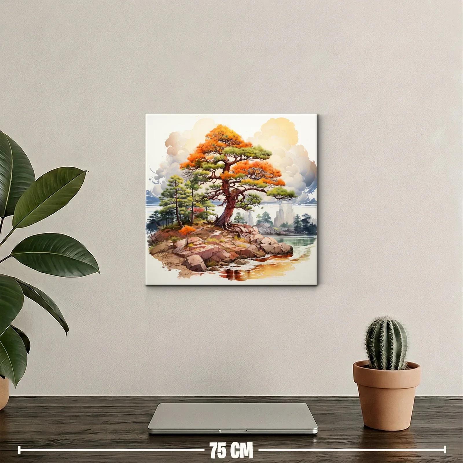 Paisaje con árbol en tonos cálidos junto al agua y rocas — miniatura 2