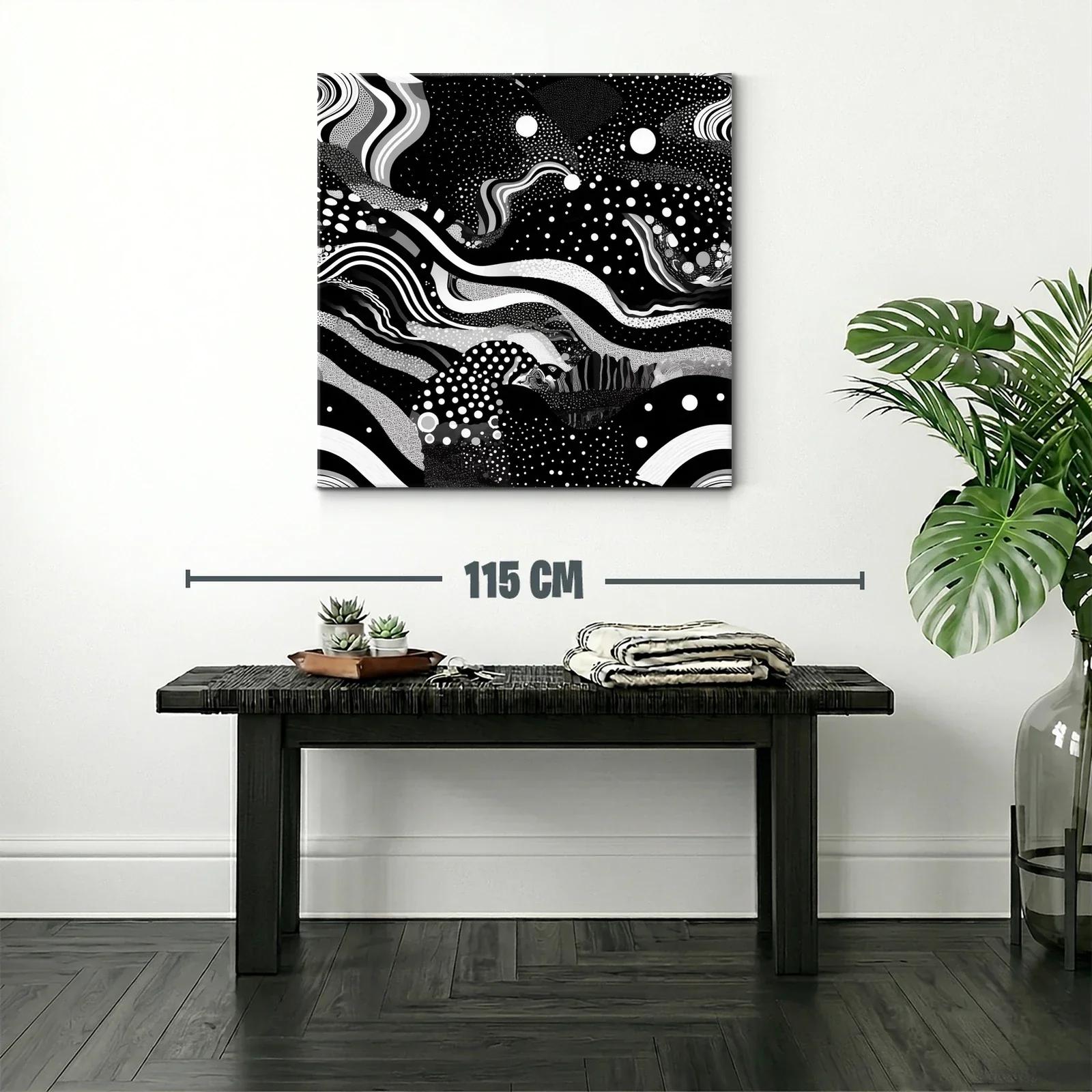 Cuadro abstracto en blanco y negro con formas y puntos dinámicos — miniatura 2