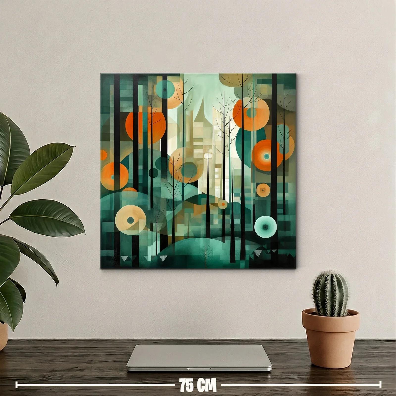 Cuadro abstracto con formas circulares y siluetas de árboles — miniatura 2