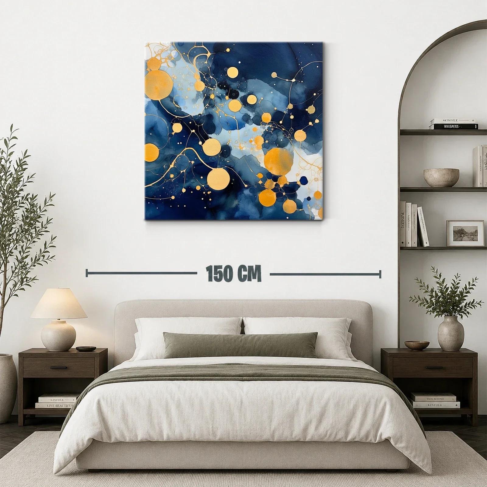Cuadro abstracto con círculos dorados sobre fondo azul marino — miniatura 3