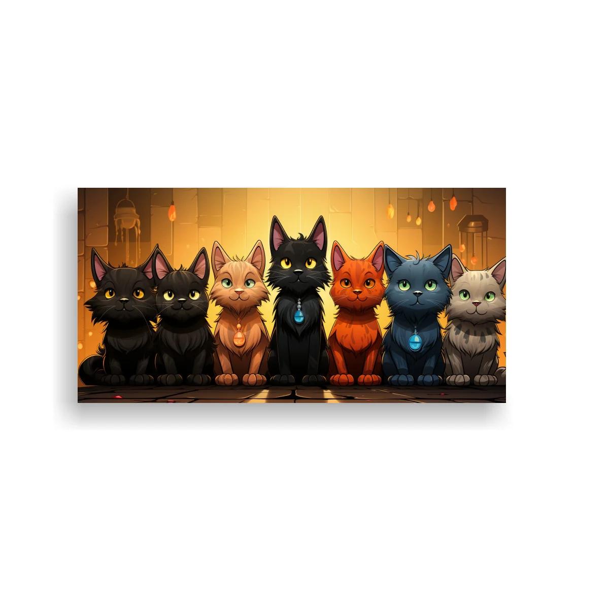 Cuadro grupo de gatos de colores con faroles cálidos