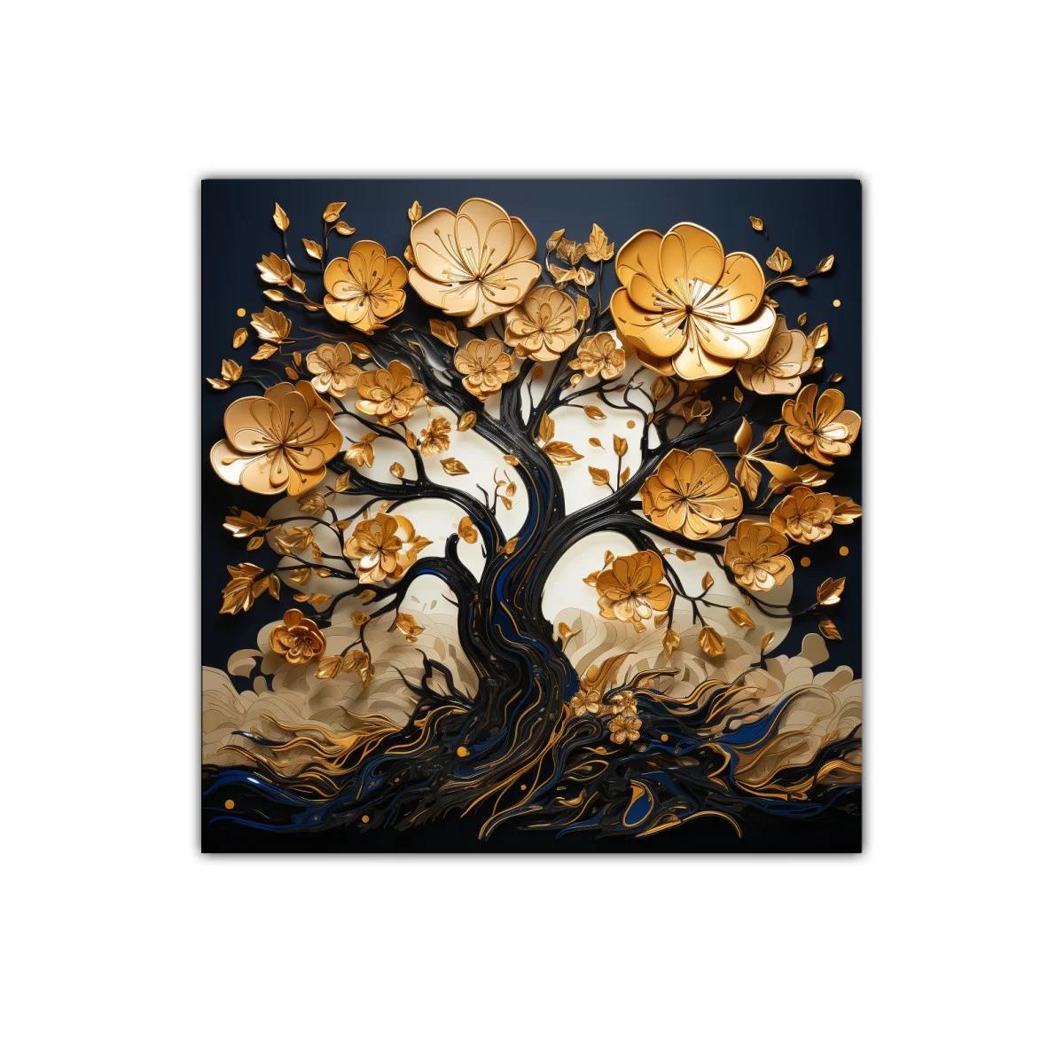 Árbol dorado con flores en relieve sobre fondo oscuro