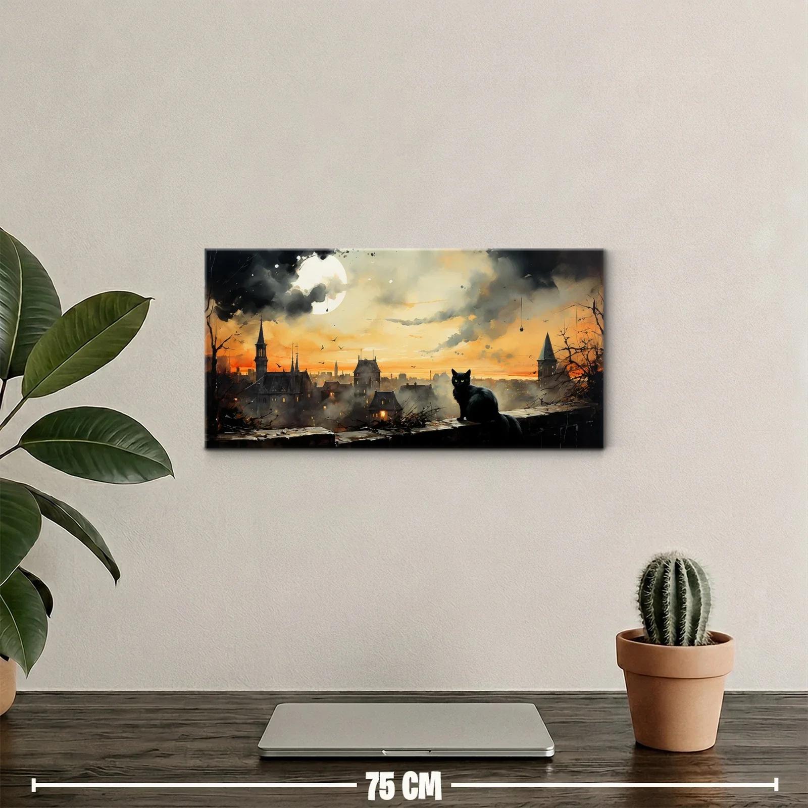 Cuadro gato negro frente a ciudad antigua y luna grande — miniatura 2