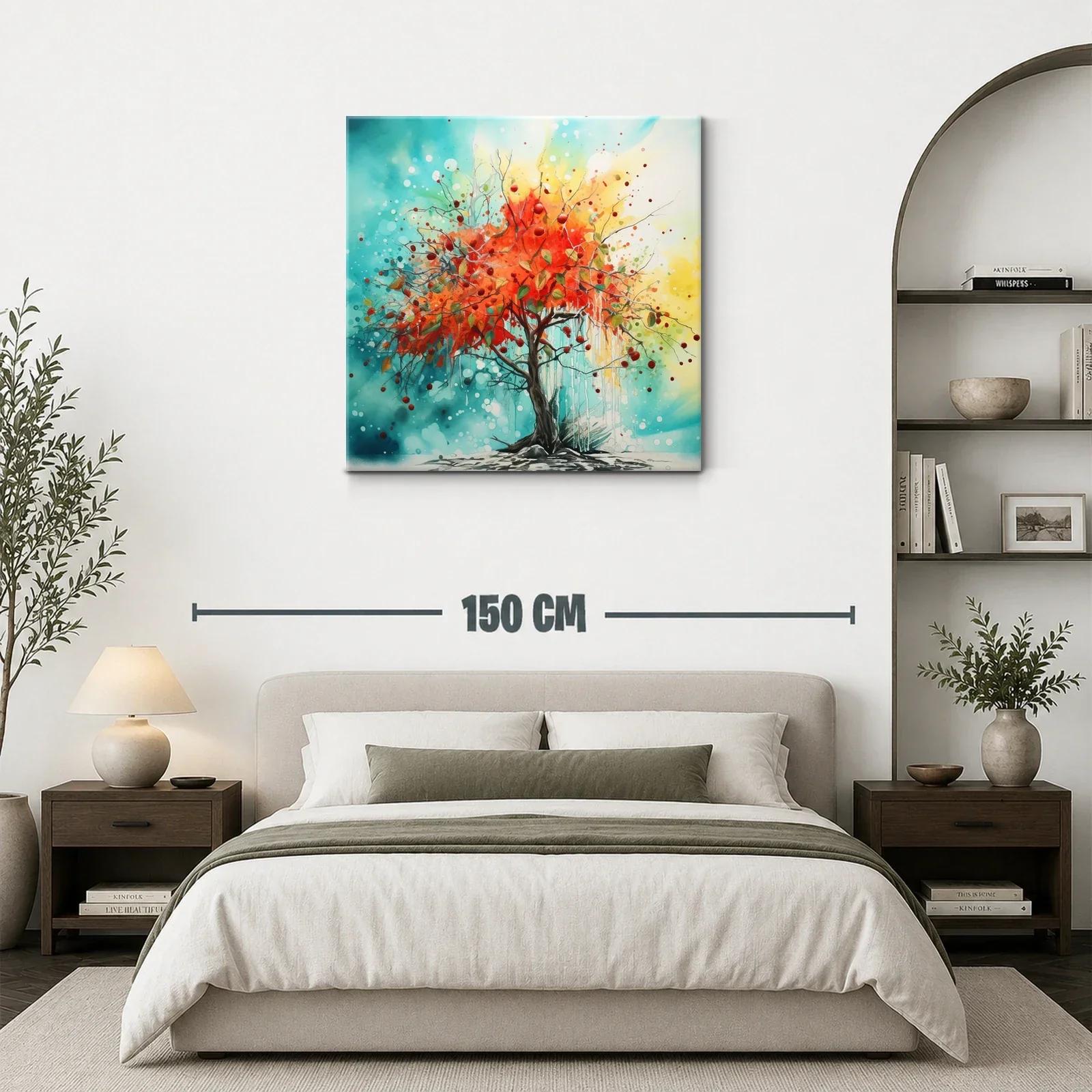 Árbol vibrante con hojas rojas en fondo azul y amarillo — miniatura 3