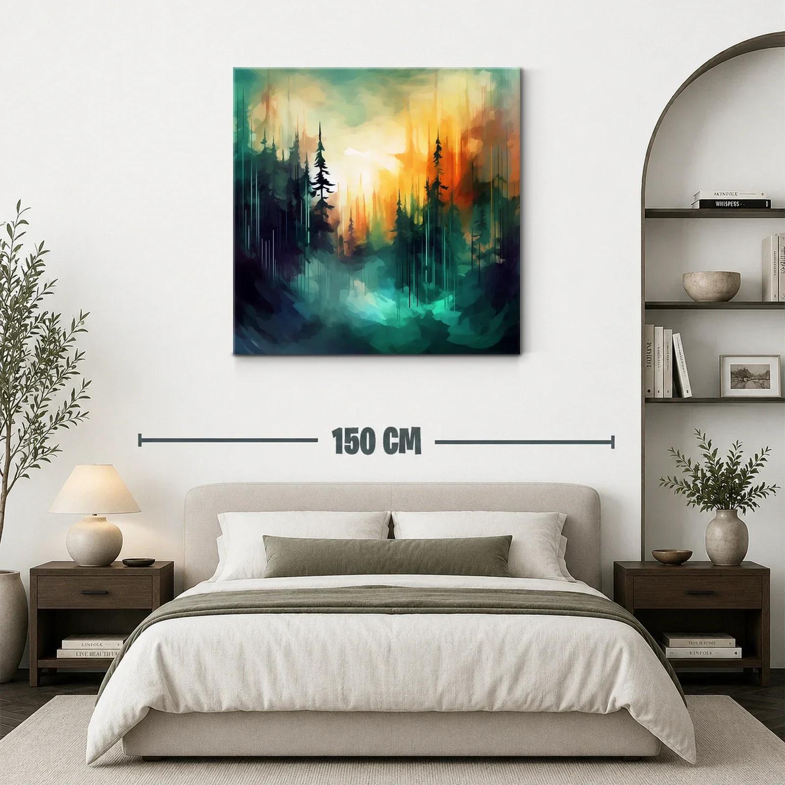Bosque abstracto al amanecer con luces vibrantes y contraste — miniatura 3