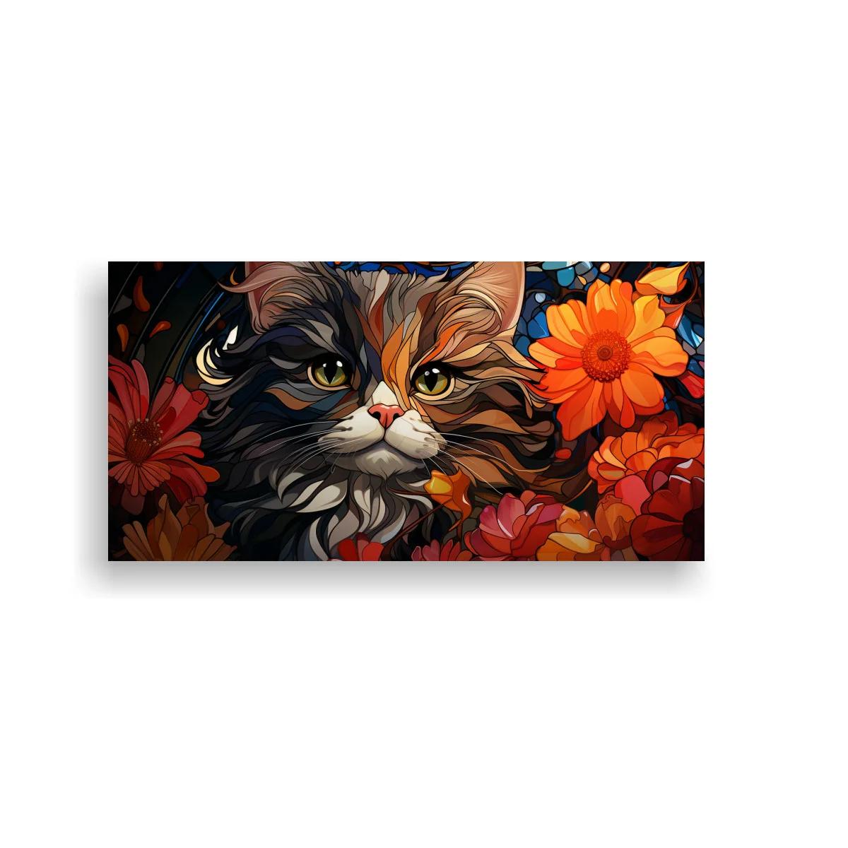 Cuadro gato de pelo largo entre flores densas
