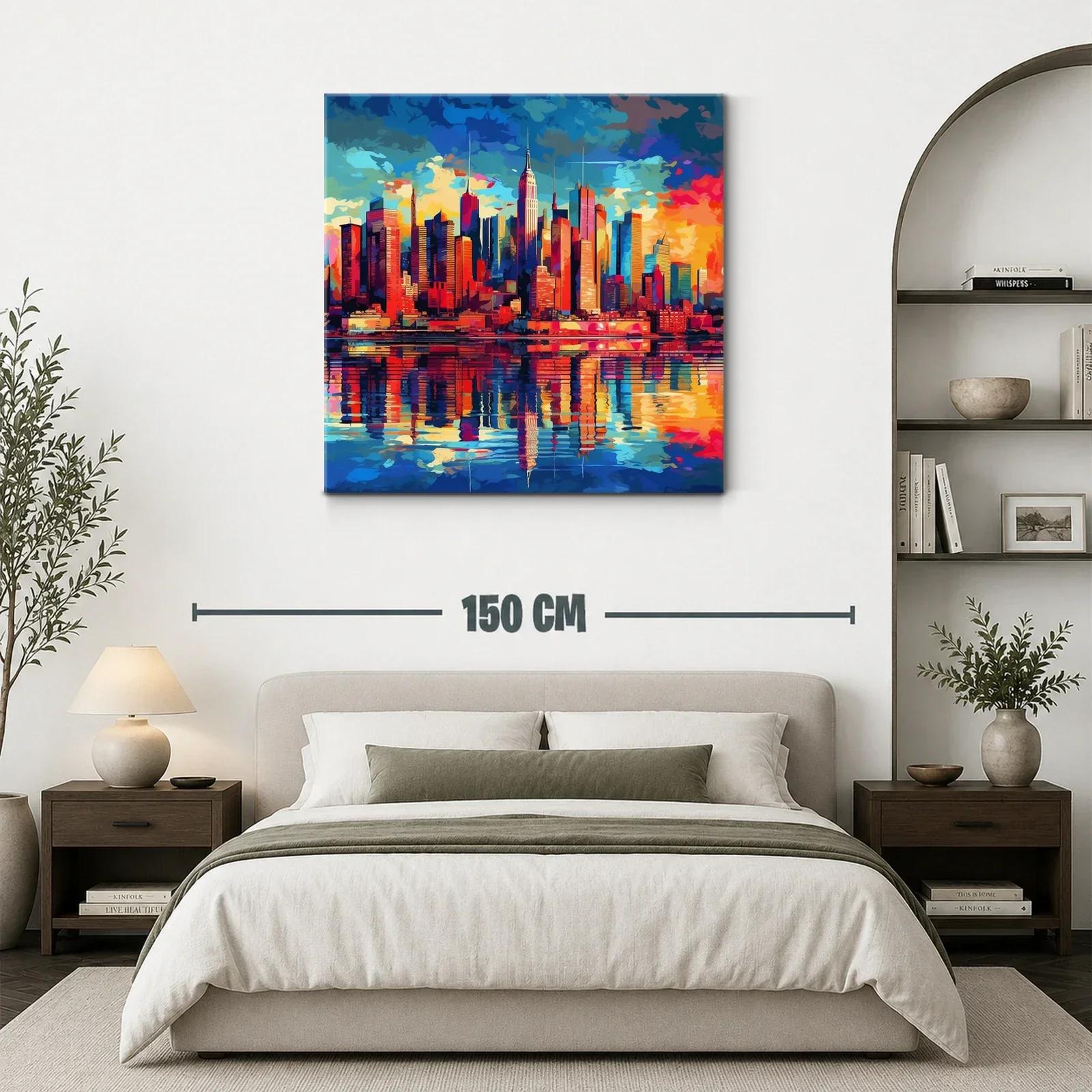 Ciudad vibrante con reflejos al atardecer en tonos intensos — miniatura 3