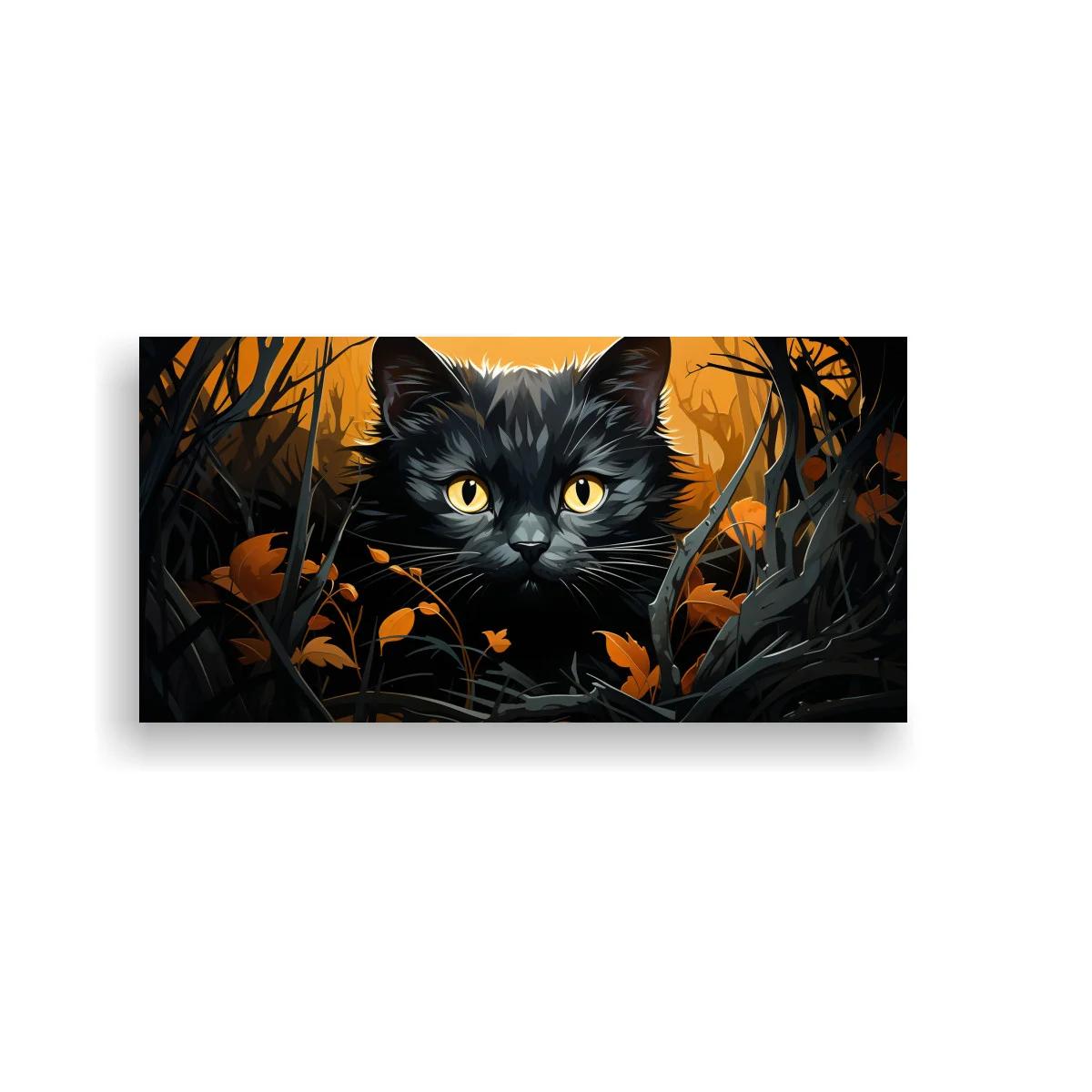 Cuadro gato negro entre ramas y hojas naranjas — imagen principal