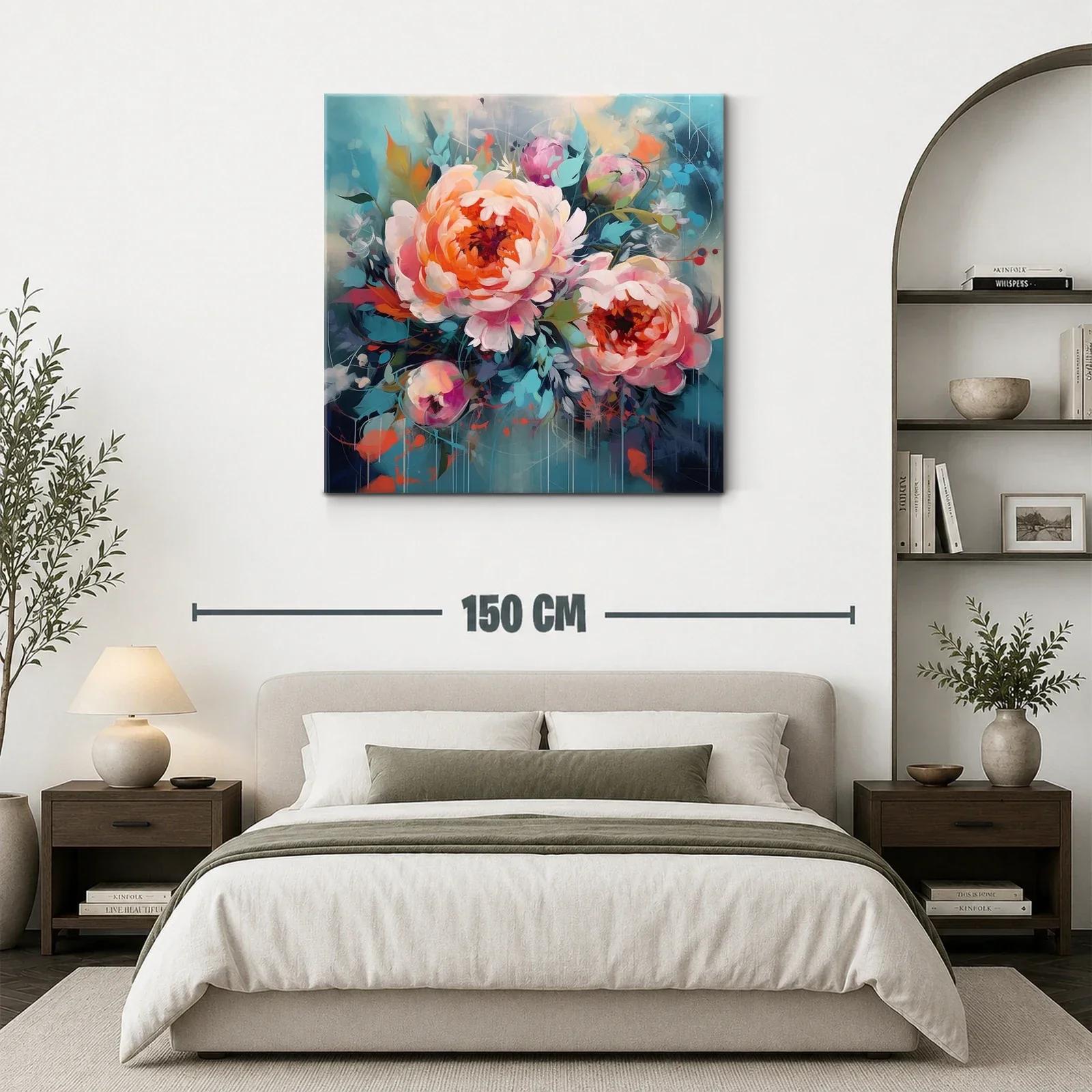 Cuadro floral con vibrantes peonías en tonos cálidos y fríos — miniatura 3