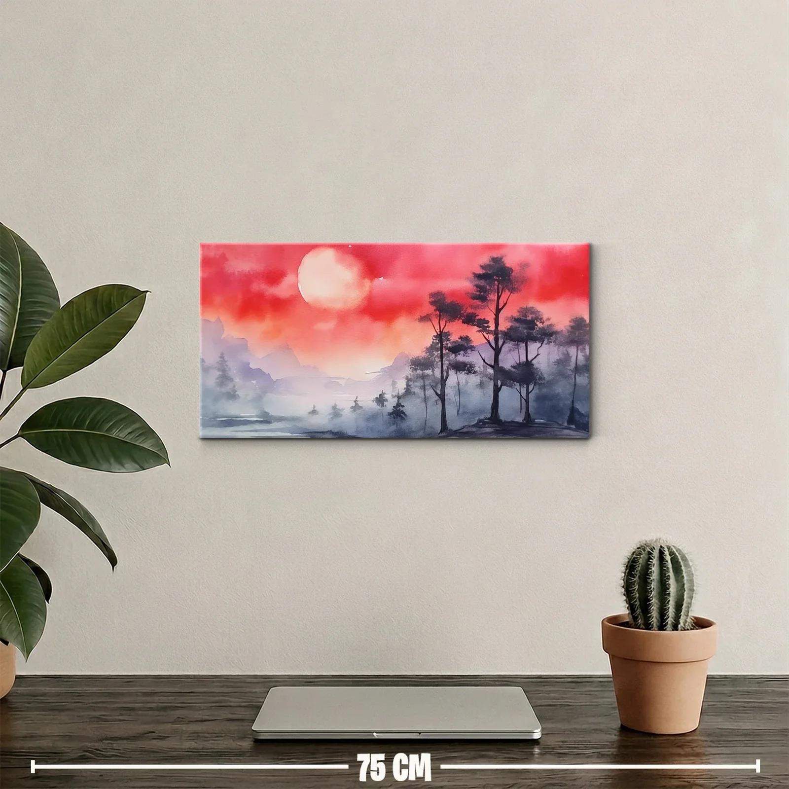 Cuadro paisaje con pinos agua y luna visible — miniatura 2