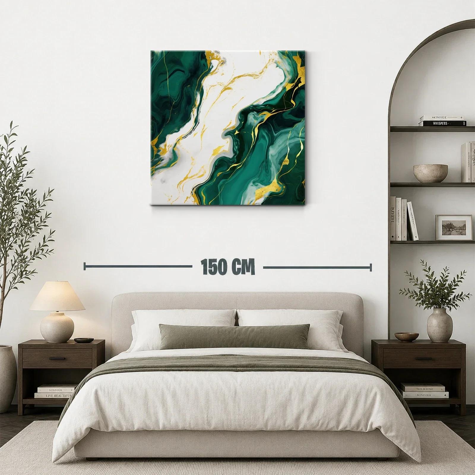Cuadro abstracto con tonos verdes y detalles dorados — miniatura 3