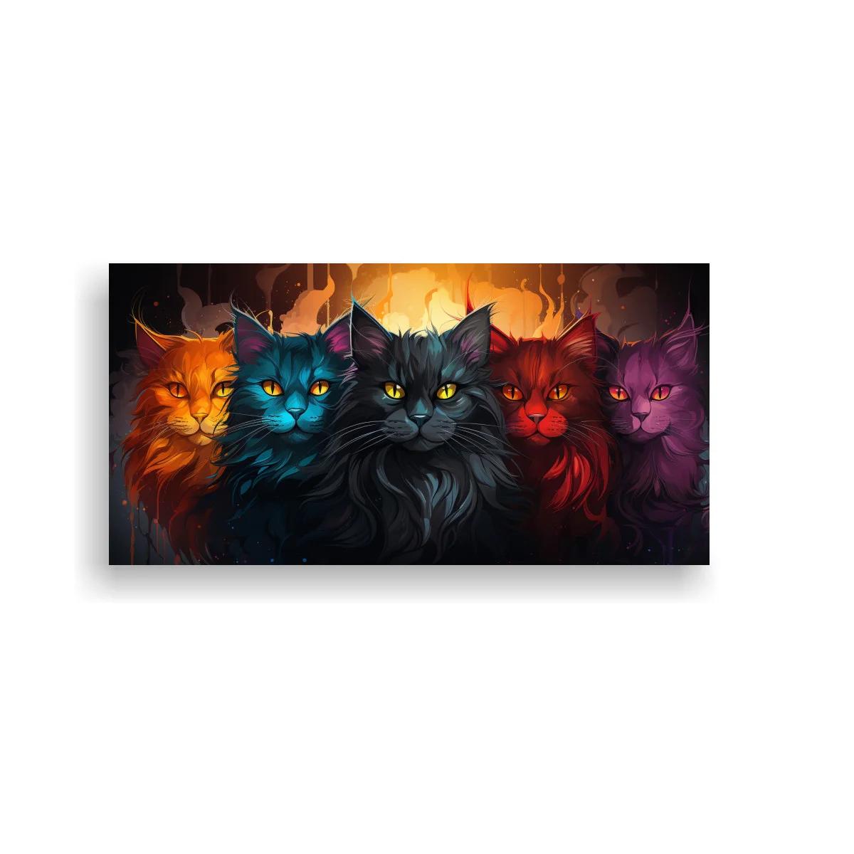Cuadro grupo de gatos de ojos brillantes con gato negro protagonista — imagen principal