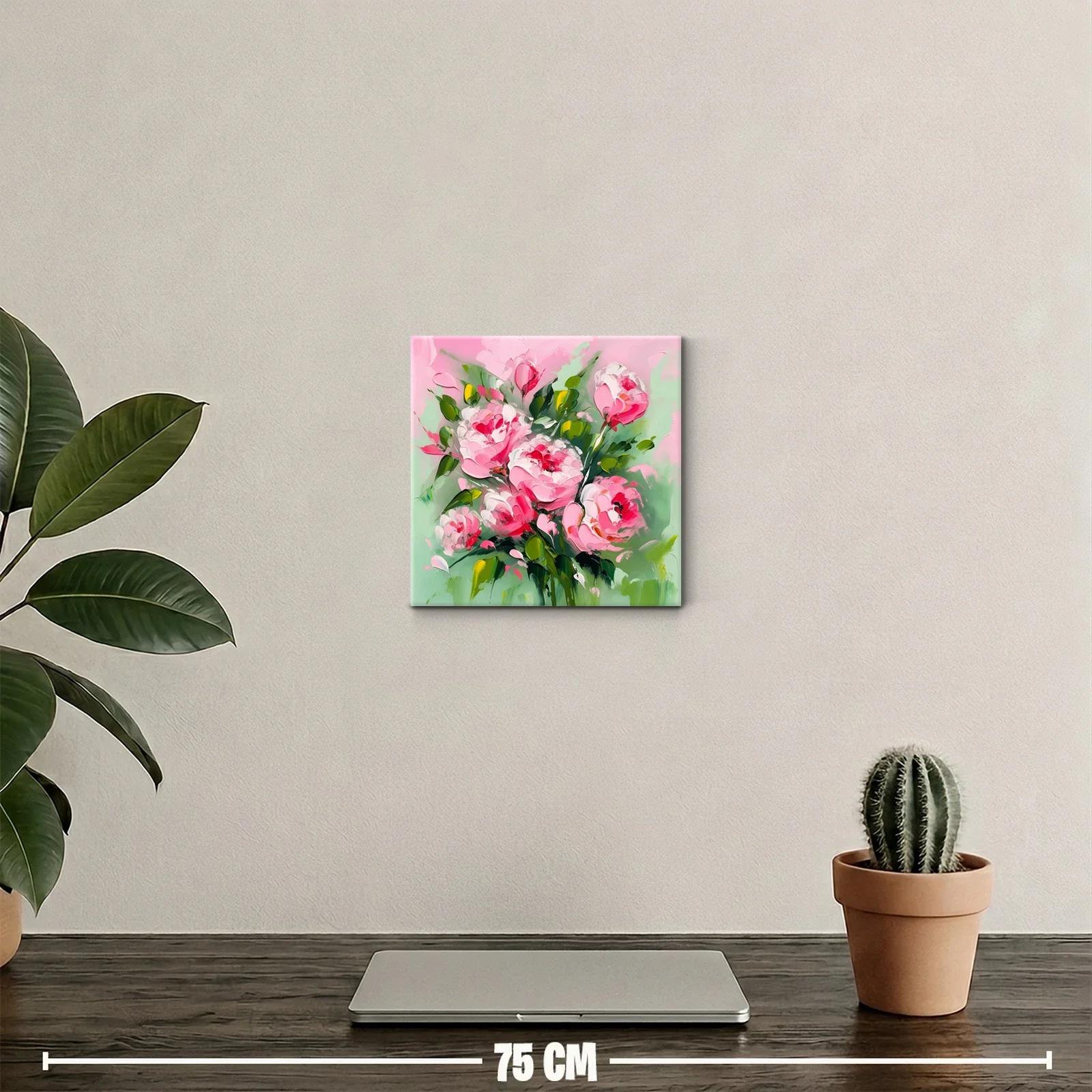 Cuadro decorativo con flores rosas y hojas verdes vibrantes — miniatura 2