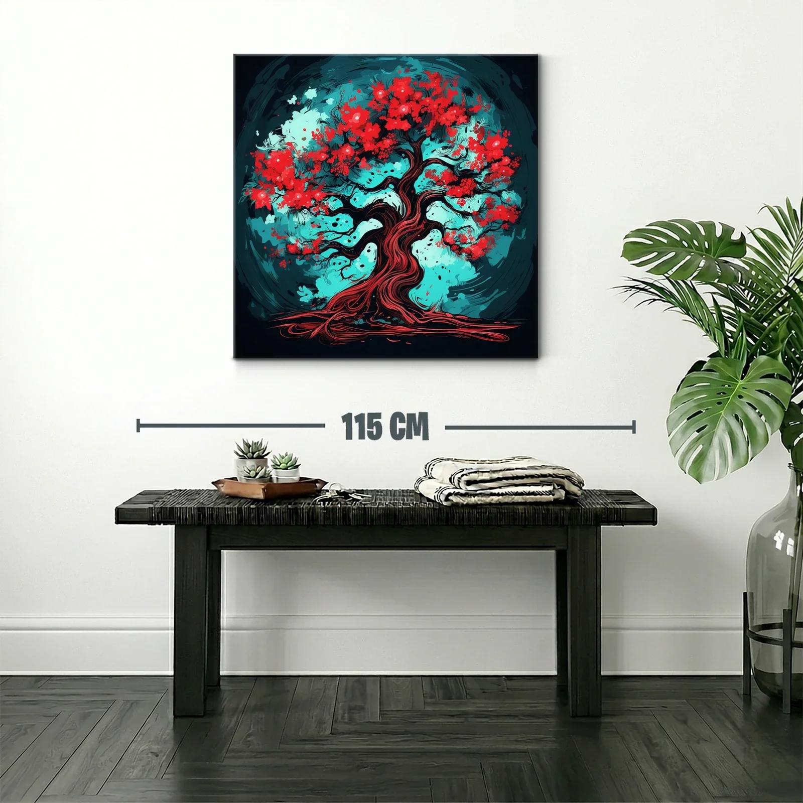 Árbol vibrante con flores rojas y fondo turquesa intenso — miniatura 2