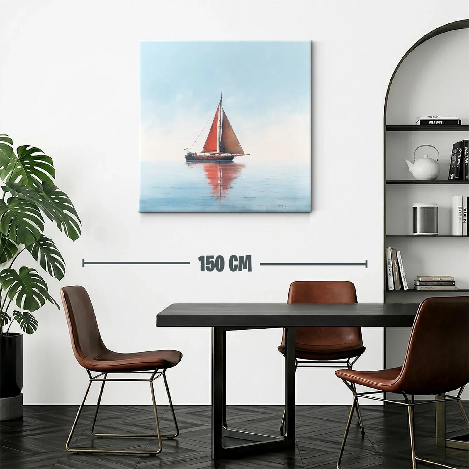Velero con vela roja en mar tranquilo y cielo claro — miniatura 2