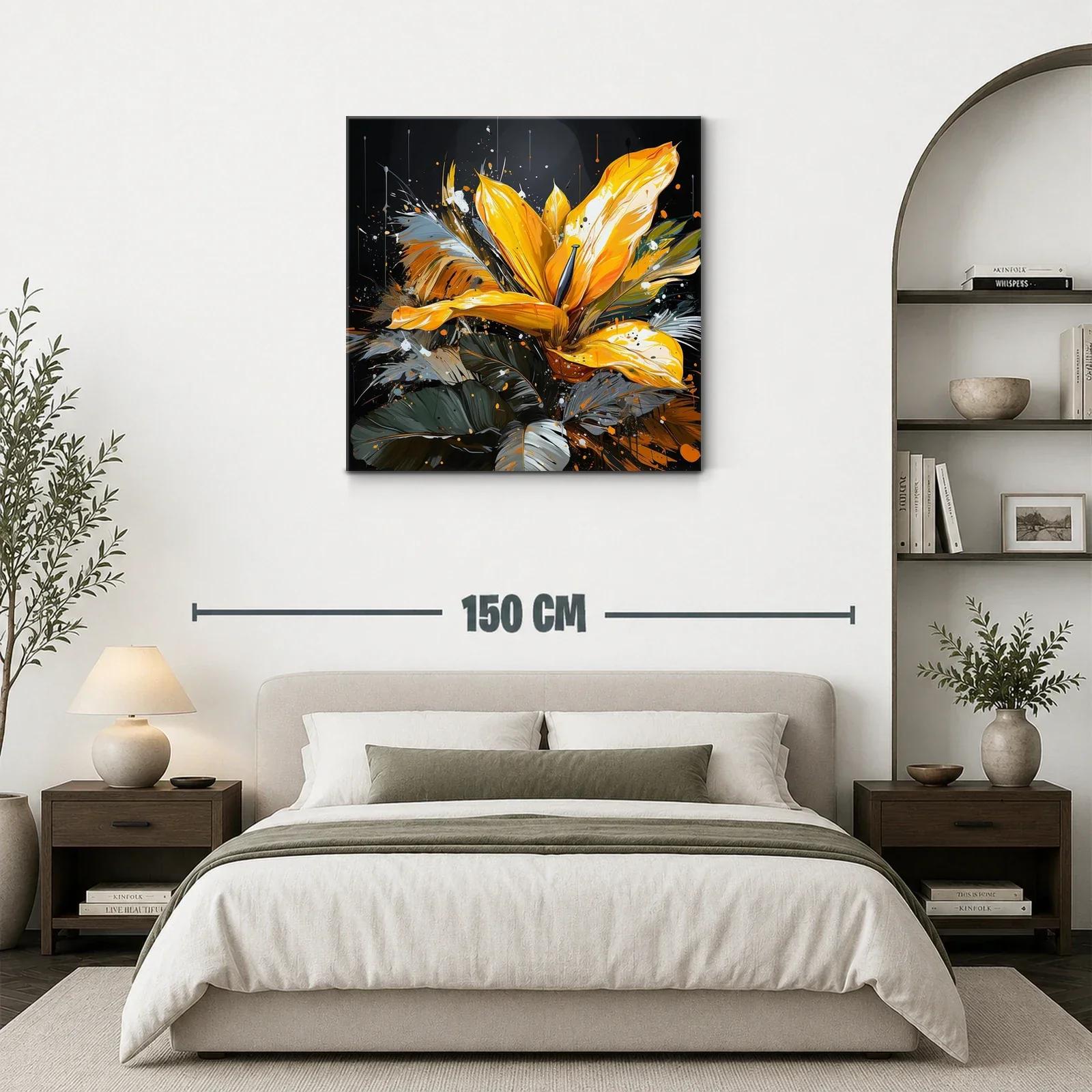 Cuadro vibrante con flor amarilla y hojas en tonos oscuros — miniatura 3