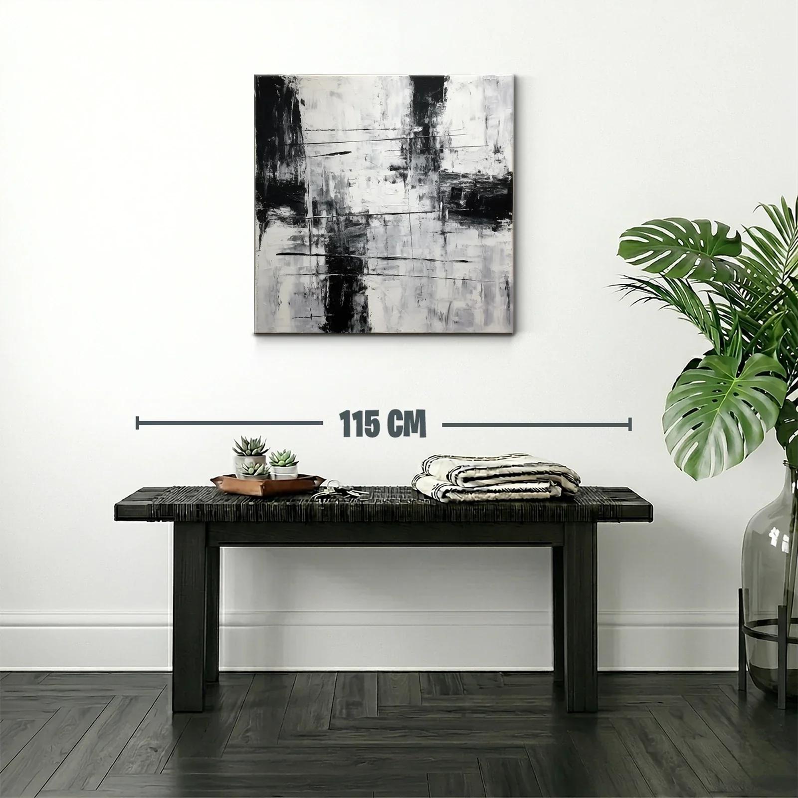 Cuadro abstracto en blanco y negro con textura y líneas dinámicas — miniatura 2