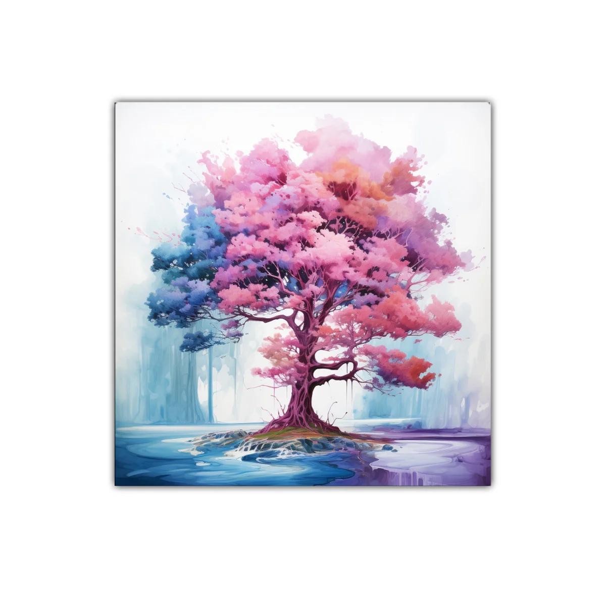 Árbol vibrante con tonos rosas y azules en paisaje onírico